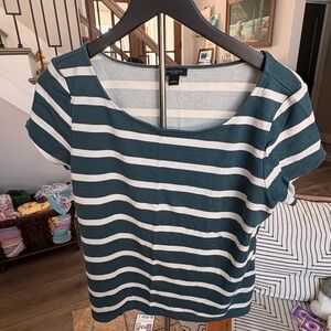 Ann Taylor Teal and White Striped Short Sleeve Top